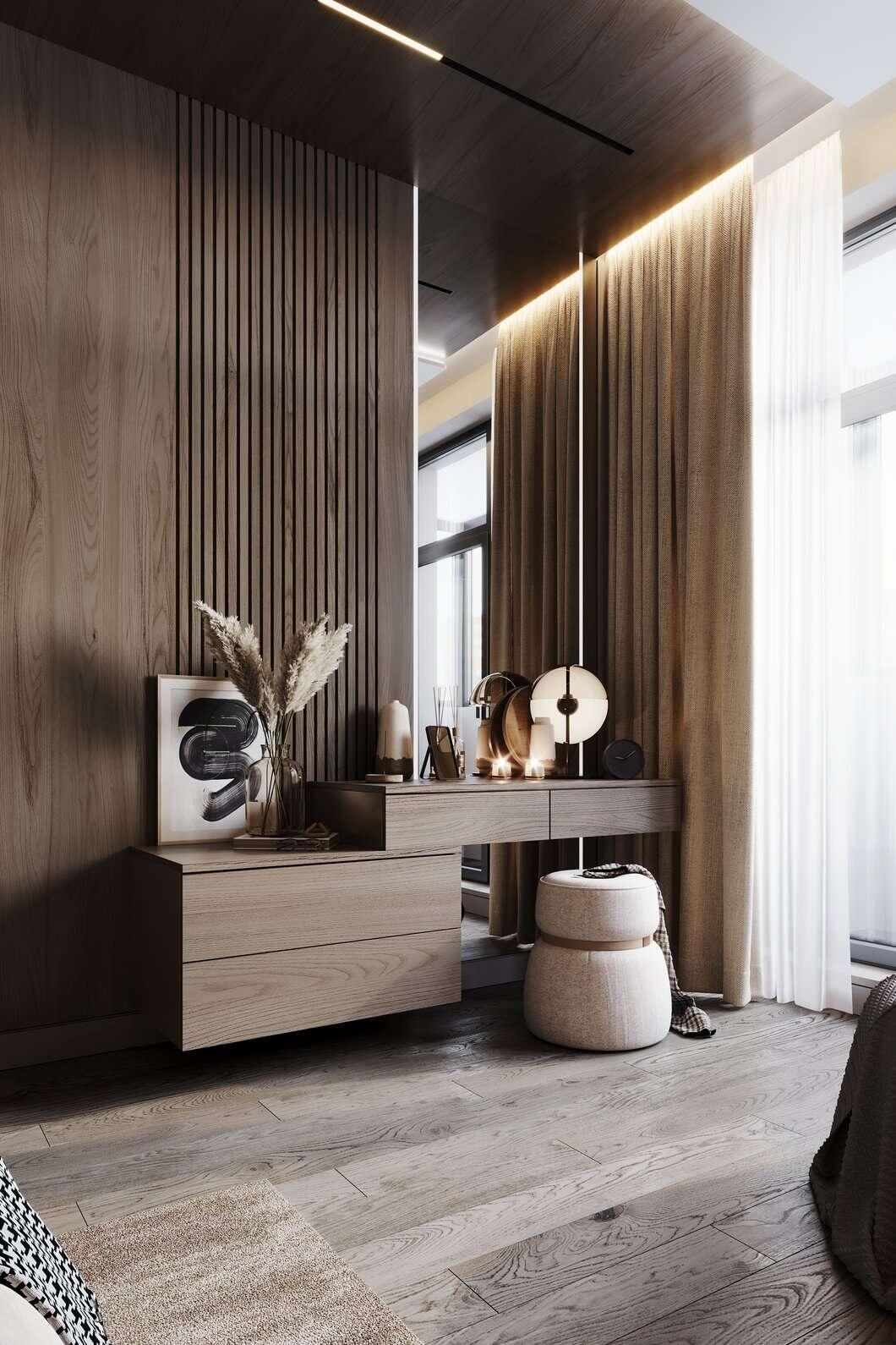 Dormitorio principal con cama y decoración minimalista